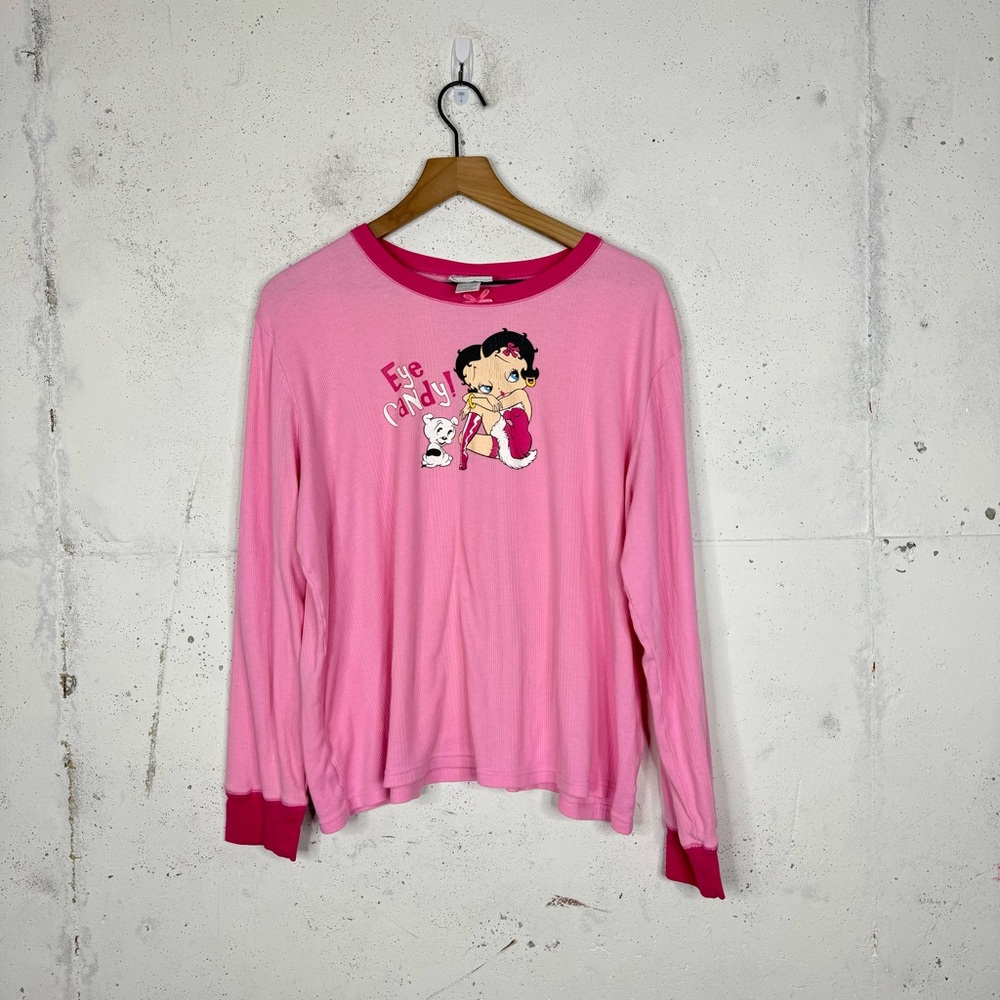 Y2K 2000s Betty Boop Eye Candy Long Sleeve Ribbed Waffle Knit Night Shirt XL